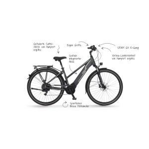Graues Fischer E-Bike Damen Viator 5.0i mit Mittelmotor und integriertem Akku.