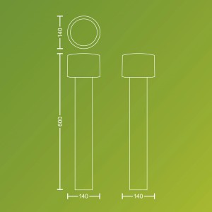 Skizze der Philips Ultra-Efficient Otis LED-Sockelleuchte aus Edelstahl mit Maßen.