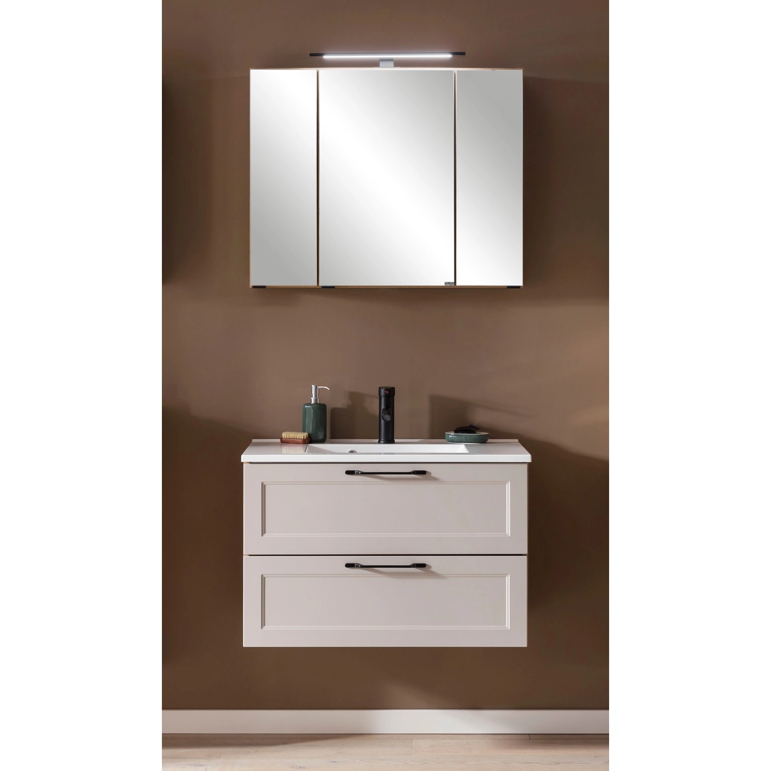 Held Möbel Waschtisch-Set Padua, 80 cm, Kaschmir/Wotaneiche, mit Spiegelschrank und Mineralgussbecken.