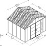 Skizze Palram Yukon 3.3 x 2.7 Gerätehaus: Maße und Details des Kunststoff-Gartenhauses in Grau.