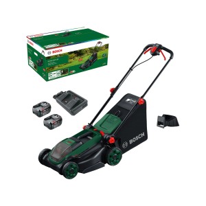 Bosch Akku-Rasenmäher Rotak 18V2-38 mit Akkus, Ladegerät und Verpackung.