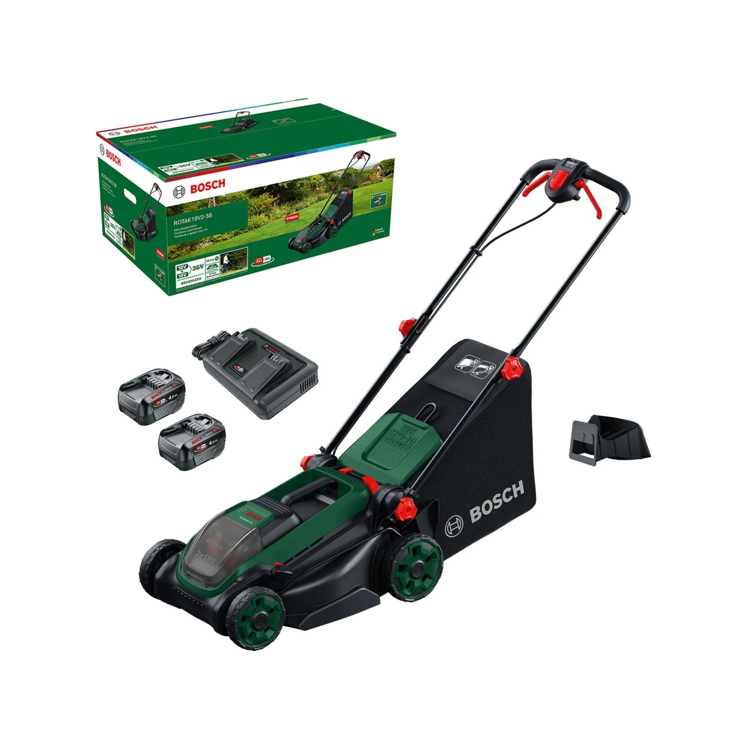 Image of Bosch Akku-Rasenmäher Rotak18V2-38 inkl. Akkus und Ladegerät