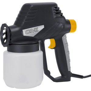Sprühpistole 130 W für Wand- und Deckenfarben. Farbsprühgerät in Schwarz/Grau/Gelb mit weißem Behälter.
