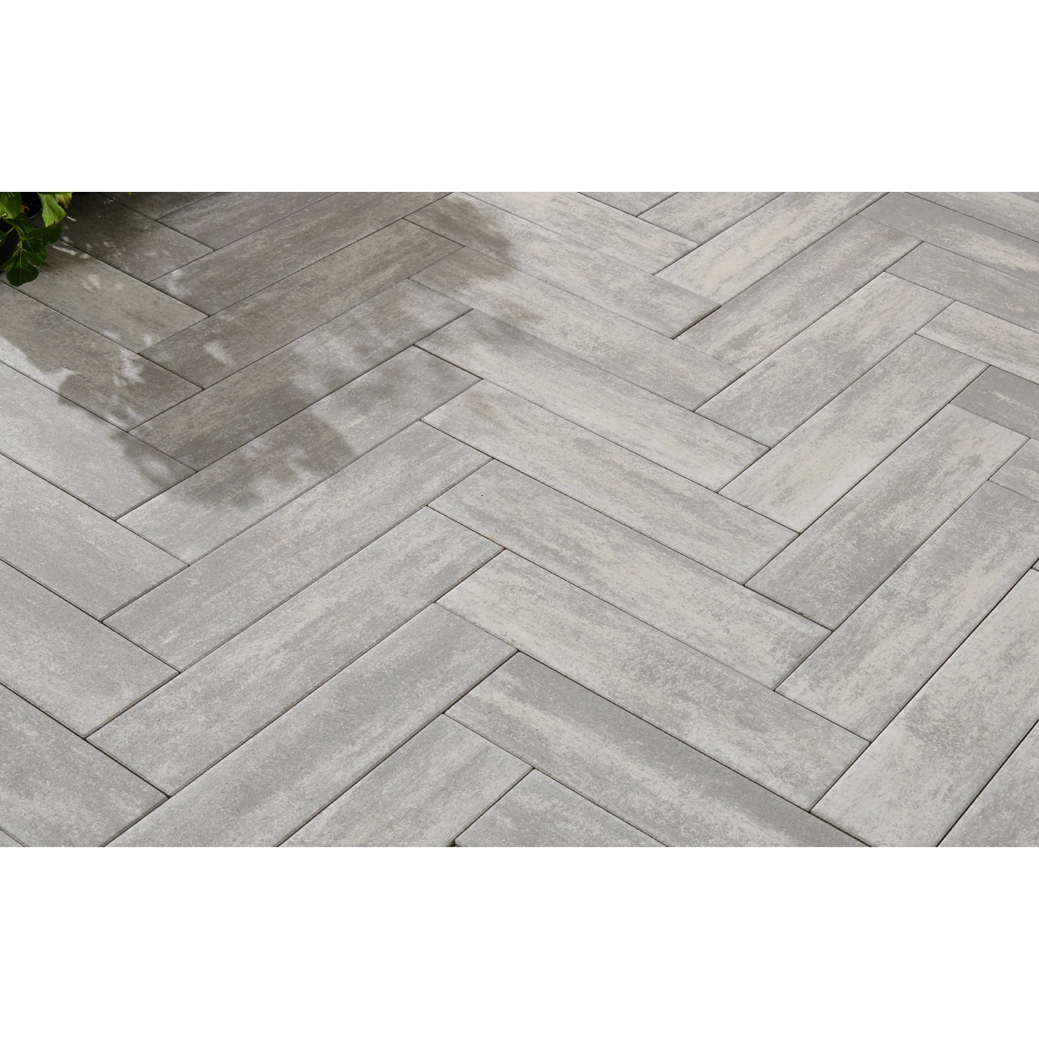 Grau-alpine Rayon Außenplatten (80x20x7,5 cm) im Fischgrätmuster verlegt.