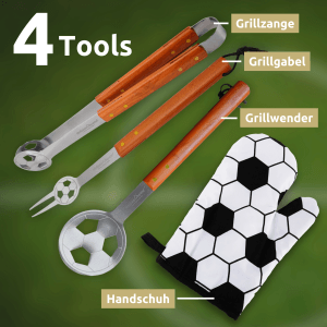 deluxe4home Grillset mit Grillbesteck im Fussball Design: Zange, Gabel, Wender und Handschuh.