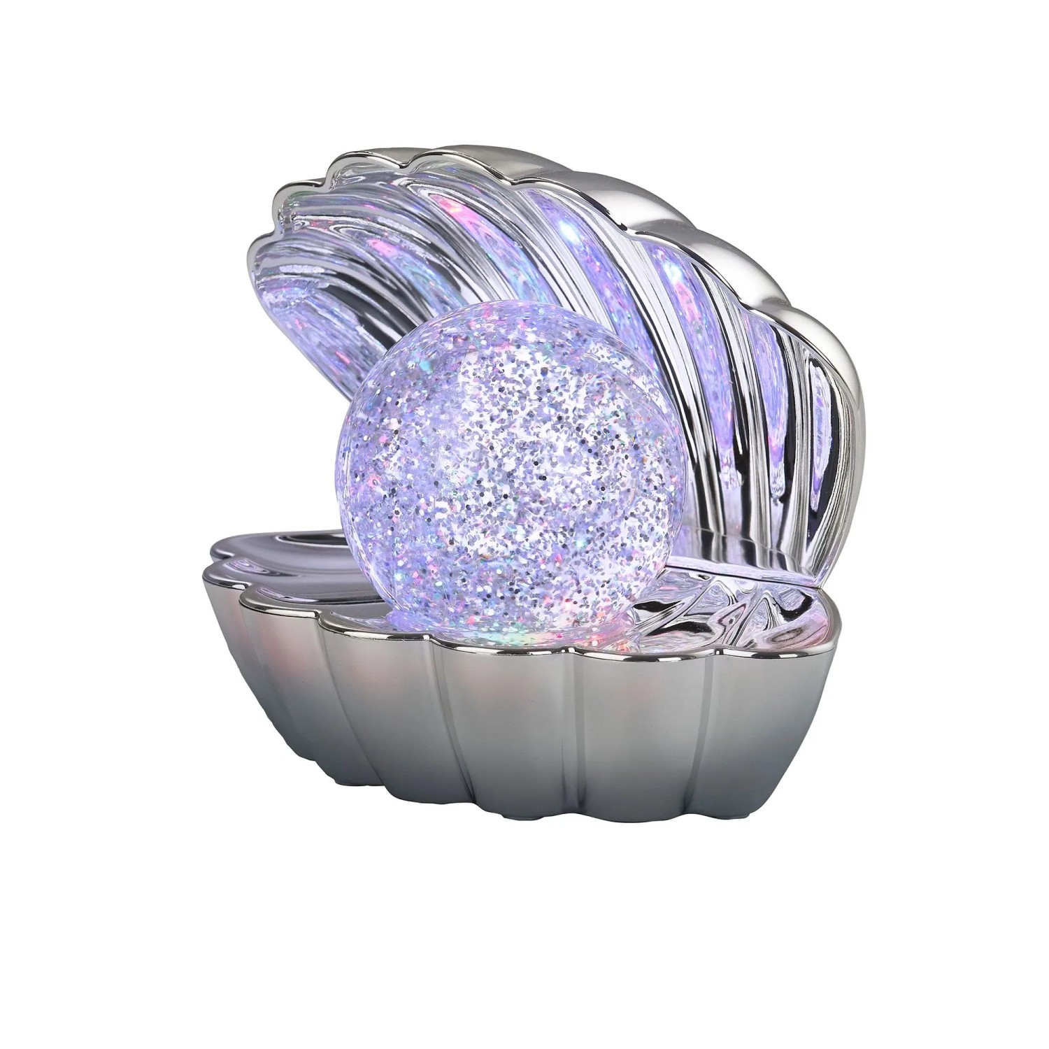 Chromfarbene LED-Tischleuchte in Muschelform mit glitzernder RGB-Kugel.