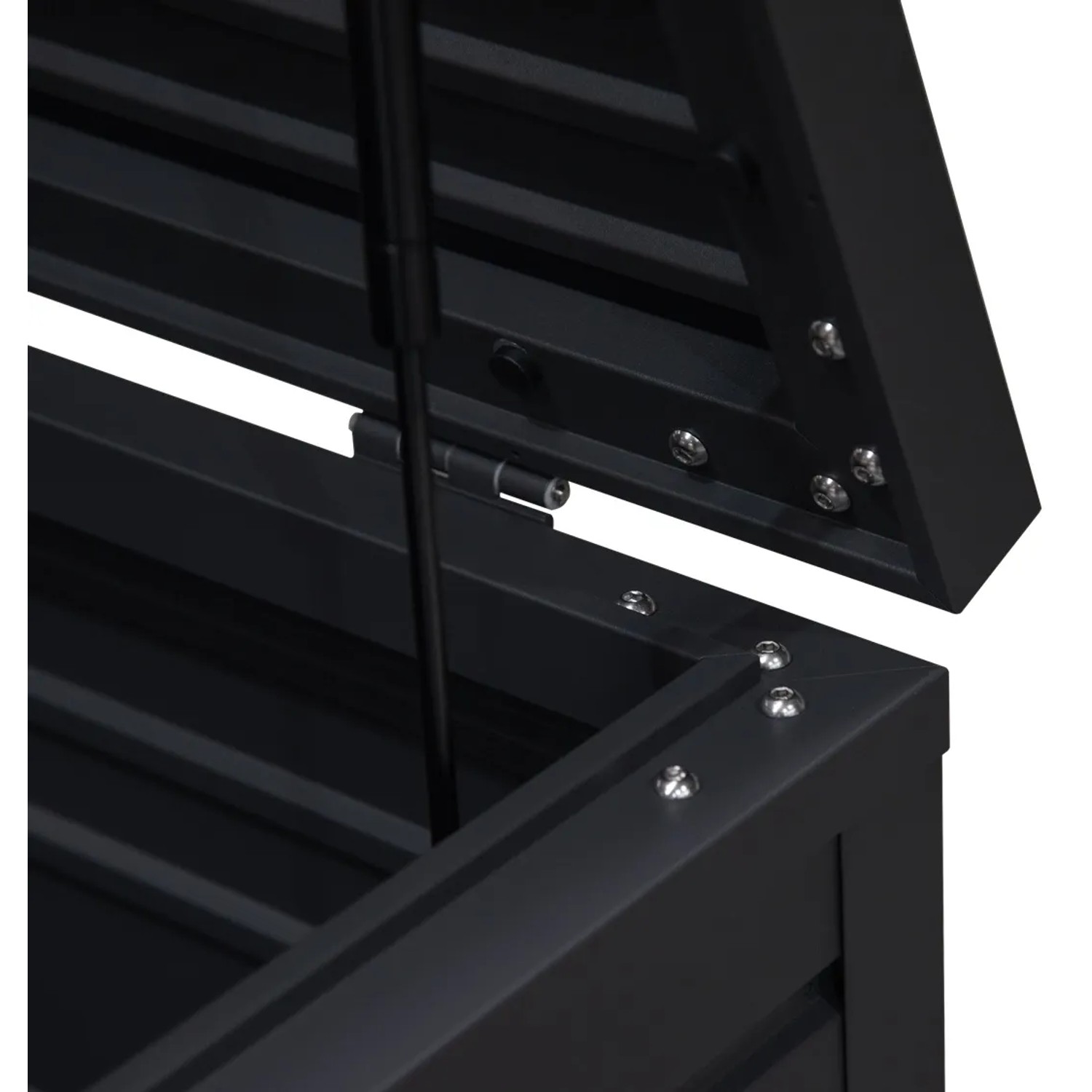 Detailaufnahme: Geöffnete Weide Aluminium Gartenbox (1050L) mit Deckel-Pumpsystem.