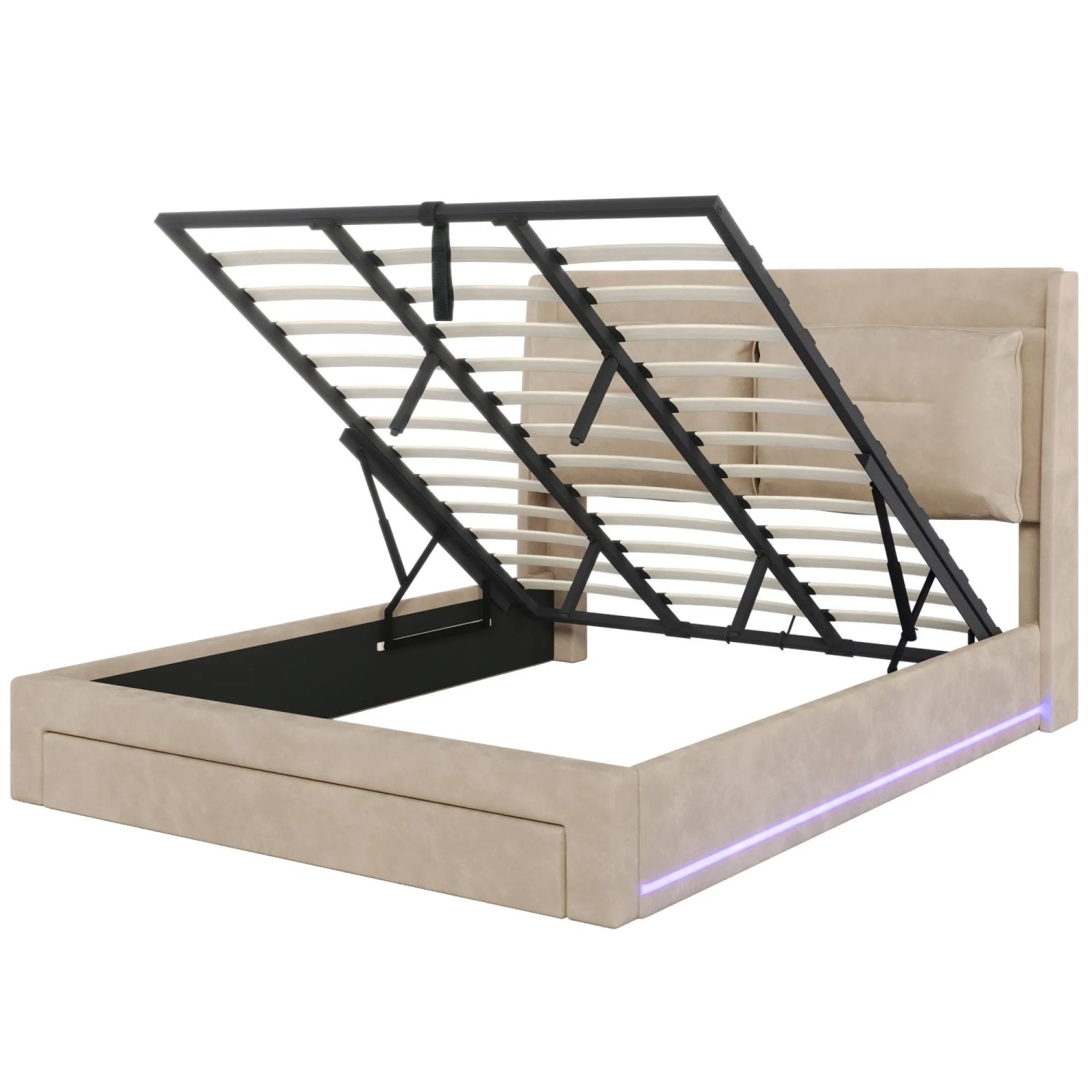 okwish Polsterbett 180×200 Hydraulisches Funktionsbett mit LED-Lichtleiste Bettkasten und Stauschubladen ohne Matratze