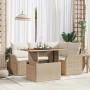 Beiges 5-teiliges vidaXL Gartensofa-Set aus Rattan mit Tisch und Kissen.