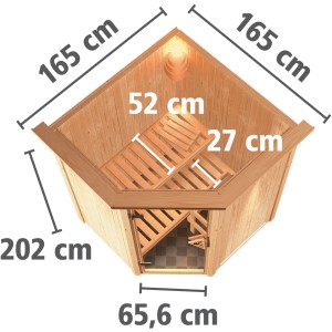 Karibu Sauna Neta mit LED-Dachkranz, Aufsicht mit Maßen. Elementsauna mit Holzbänken und Eckeinstieg.