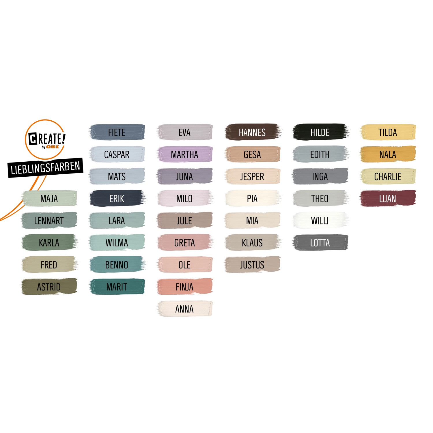 Farbmusterkarte CREATE! by OBI Lieblingsfarben, verschiedene Farbtöne und Namen.