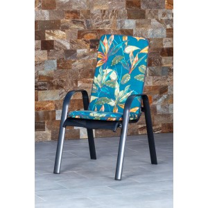 Beo Hochlehner-Auflage Enschede mit tropischem Muster auf Gartenstuhl.