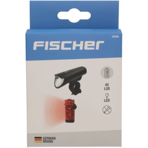 Verpackung des Fischer LED-Akku-Beleuchtungs-Sets 45 Lux mit Front- und Rücklicht.