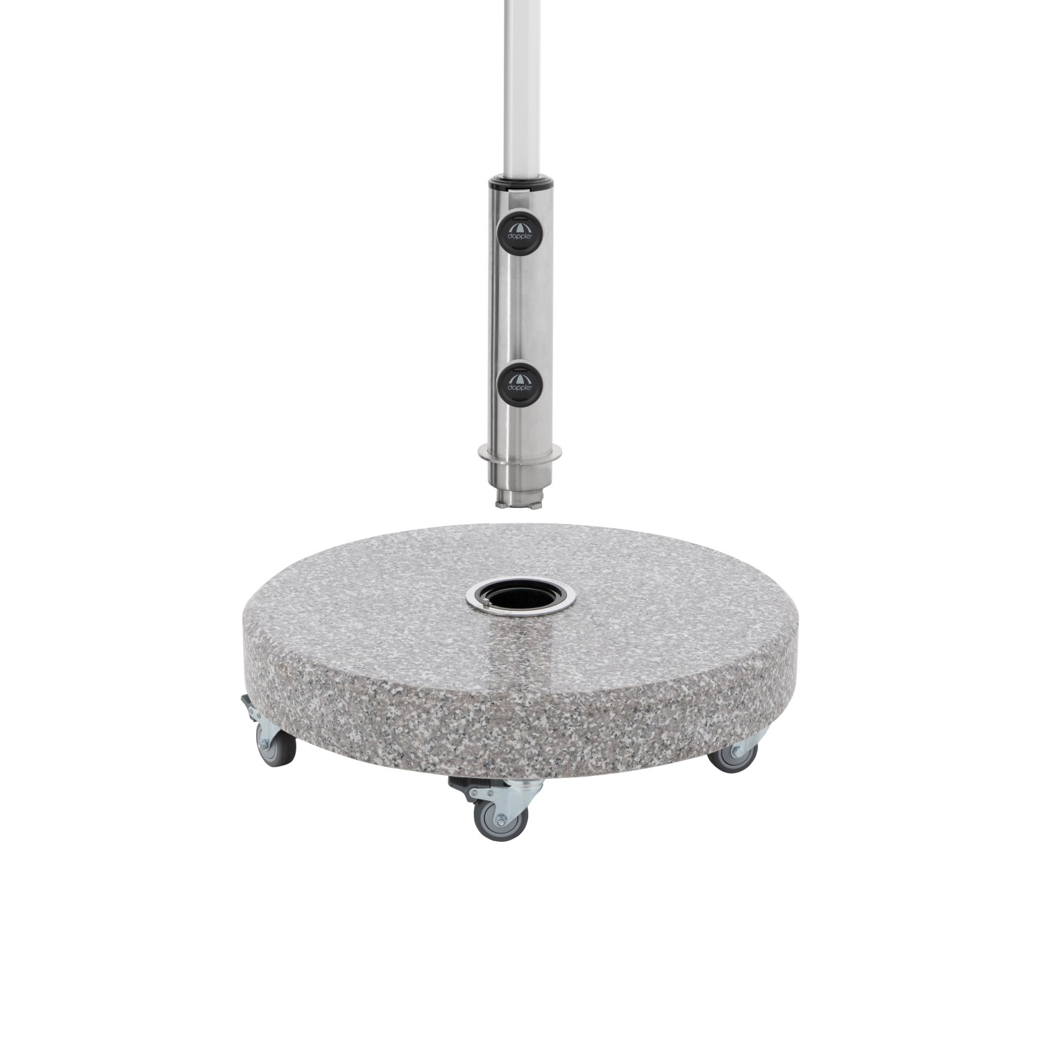 Doppler Expert Click-It Granitsockel 50 kg mit Rollen und Edelstahl-Standrohr.