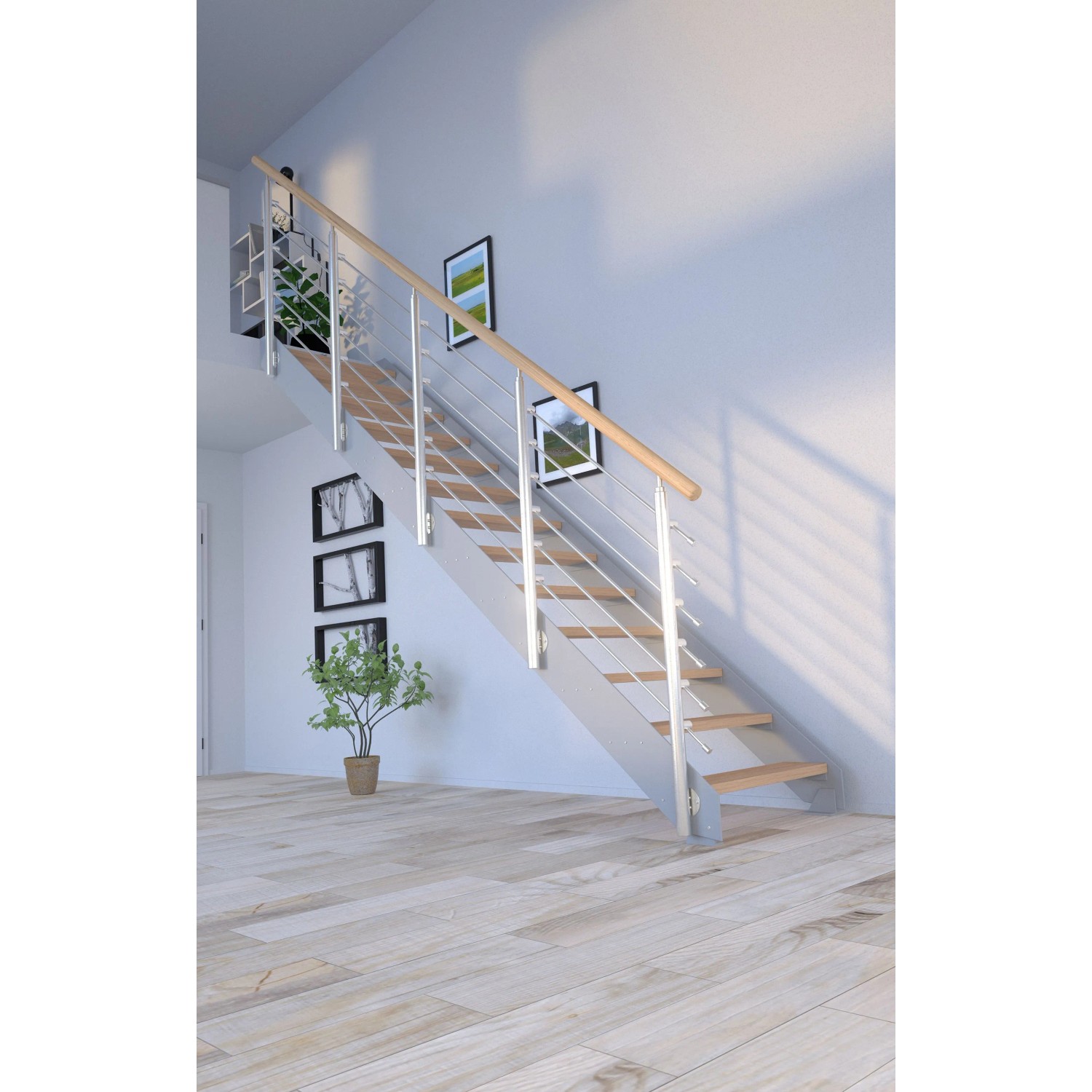 Moderne Treppe Kos mit 11 Eiche Stufen, grauem Design-Geländer. Ideal für Ihr Zuhause!