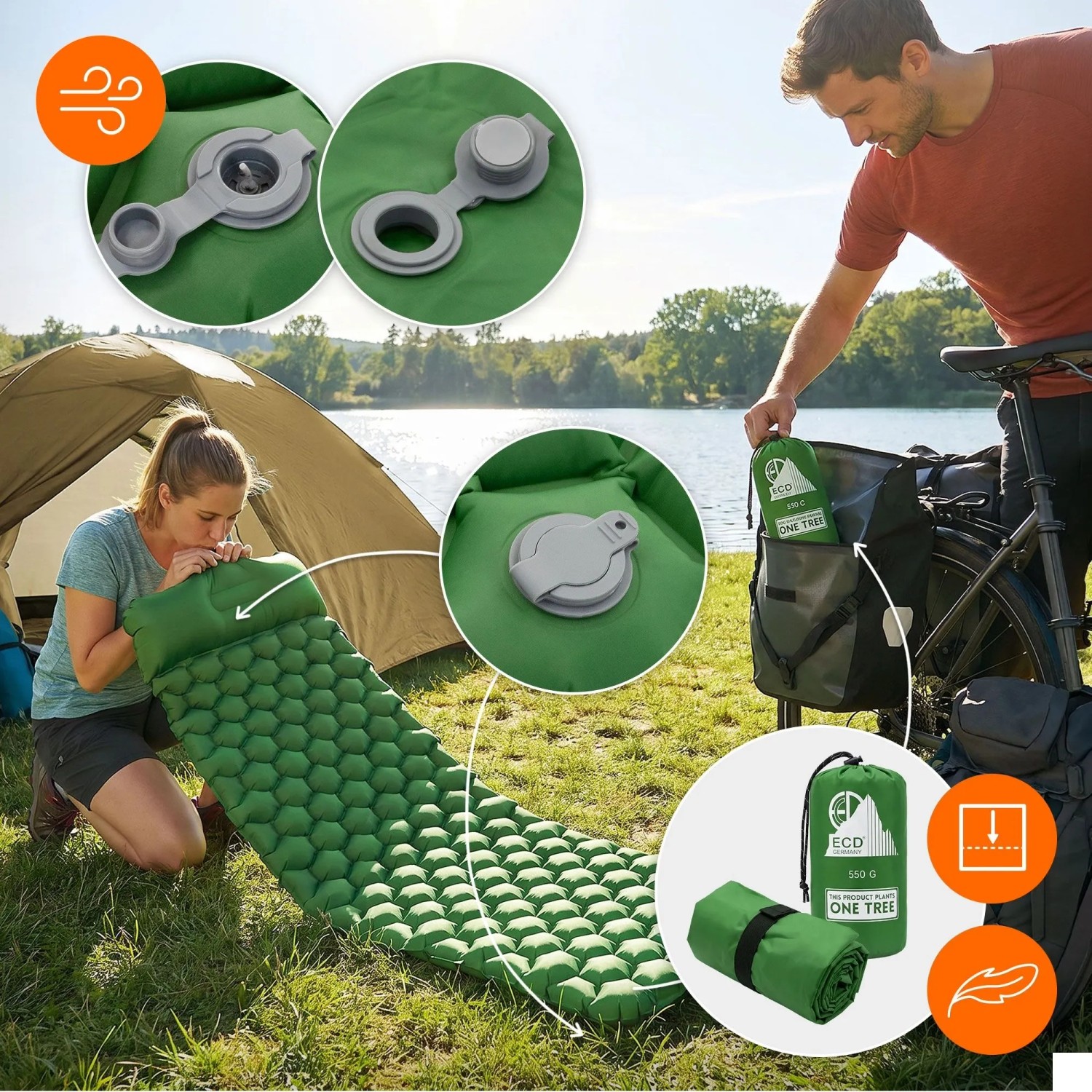 Grüne ECD Germany Isomatte Camping (185x62x15 cm) aus Nylon, mit Luftkammern, Ventil und Packsack.