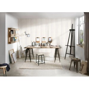 Wohnraum mit A.S. Création Tapete Holzoptik in Weiß und Grau.