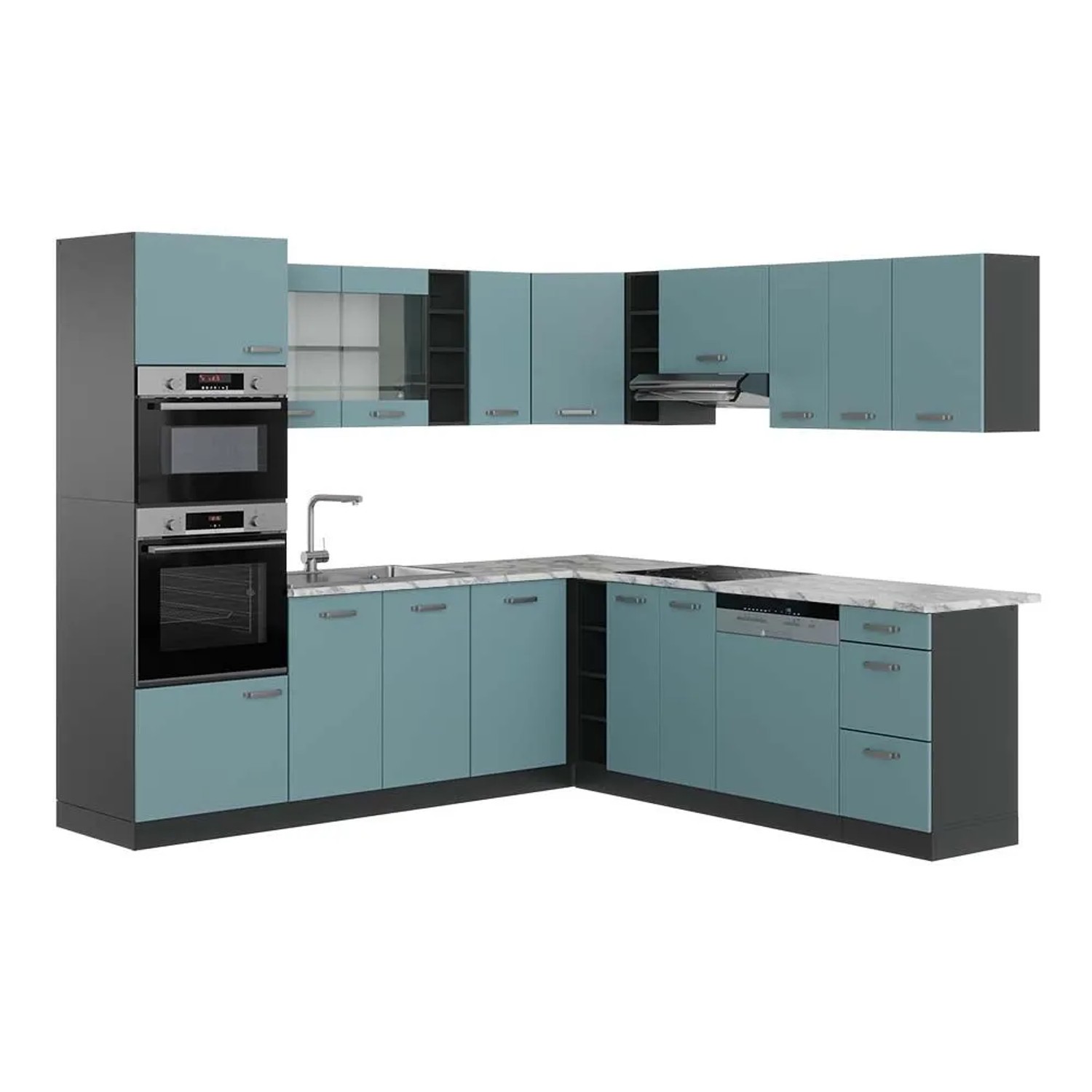 Vicco Eckküche R-Line Blau-Grau/Anthrazit 247 x 82, AP Marmor