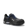 Elten Sicherheitshalbschuh Milton Low ESD S3 Gr. 44, schwarzer Arbeitsschuh mit blauen Schnürsenkeln.