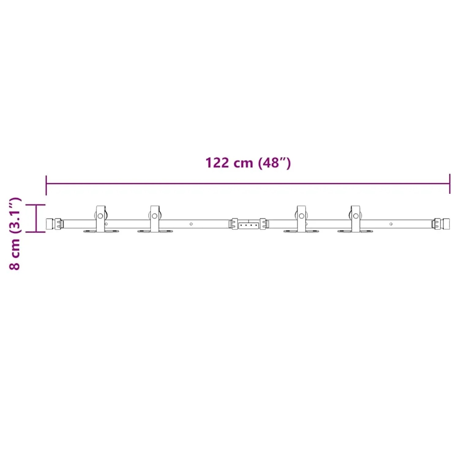 vidaXL Schiebetürbeschlag Set, 122cm, Karbonstahl, für Schranktüren. Details zur Größe sind im Bild dargestellt.