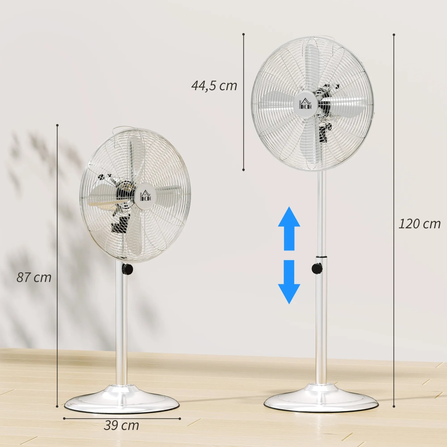 HOMCOM Standventilator, silberfarbener Lüfter aus Stahl, höhenverstellbar von 87 bis 120 cm.