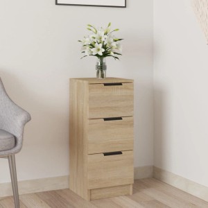 Schlankes Sideboard in Sonoma-Eiche Optik aus Holzwerkstoff mit 3 Schubladen und schwarzen Griffen.