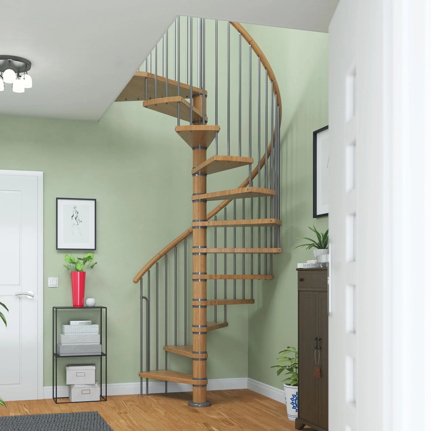 Dolle Spindeltreppe Winnipeg Eiche geölt, 14 Stufen, im Raum montiert.