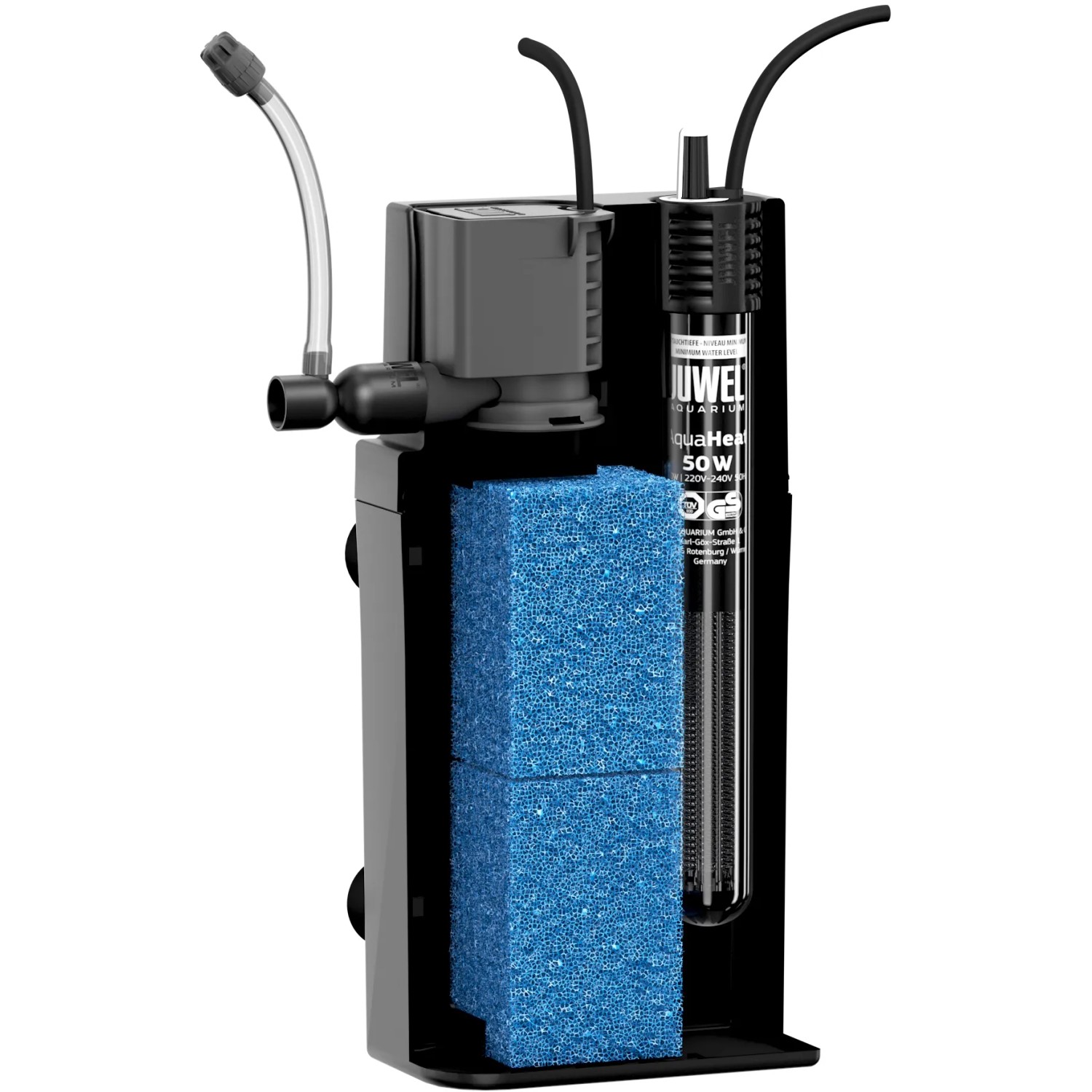 Juwel BioPlus Fine One Aquarium Filter mit blauem Filterschwamm und Heizer.