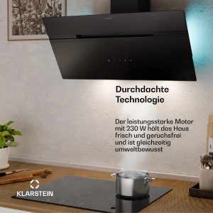 Schwarze Klarstein Alina Dunstabzugshaube mit Touch-Bedienfeld und LED-Beleuchtung über einem Kochfeld.