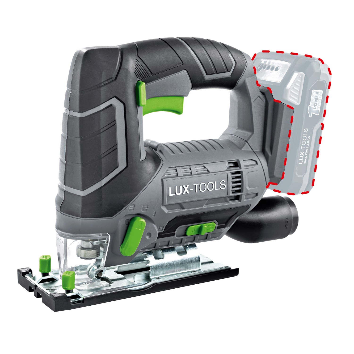 LUX Akku-Stichsäge A-ST-20 aus dem 3in1 Maschinenset, grau/schwarz mit Akku. Stichsäge für präzise Schnitte.
