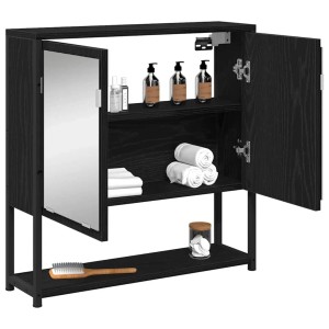 vidaXL Spiegelschrank in Schwarz Eichen-Optik (60x60cm) mit zwei offenen Türen und drei Regalen.