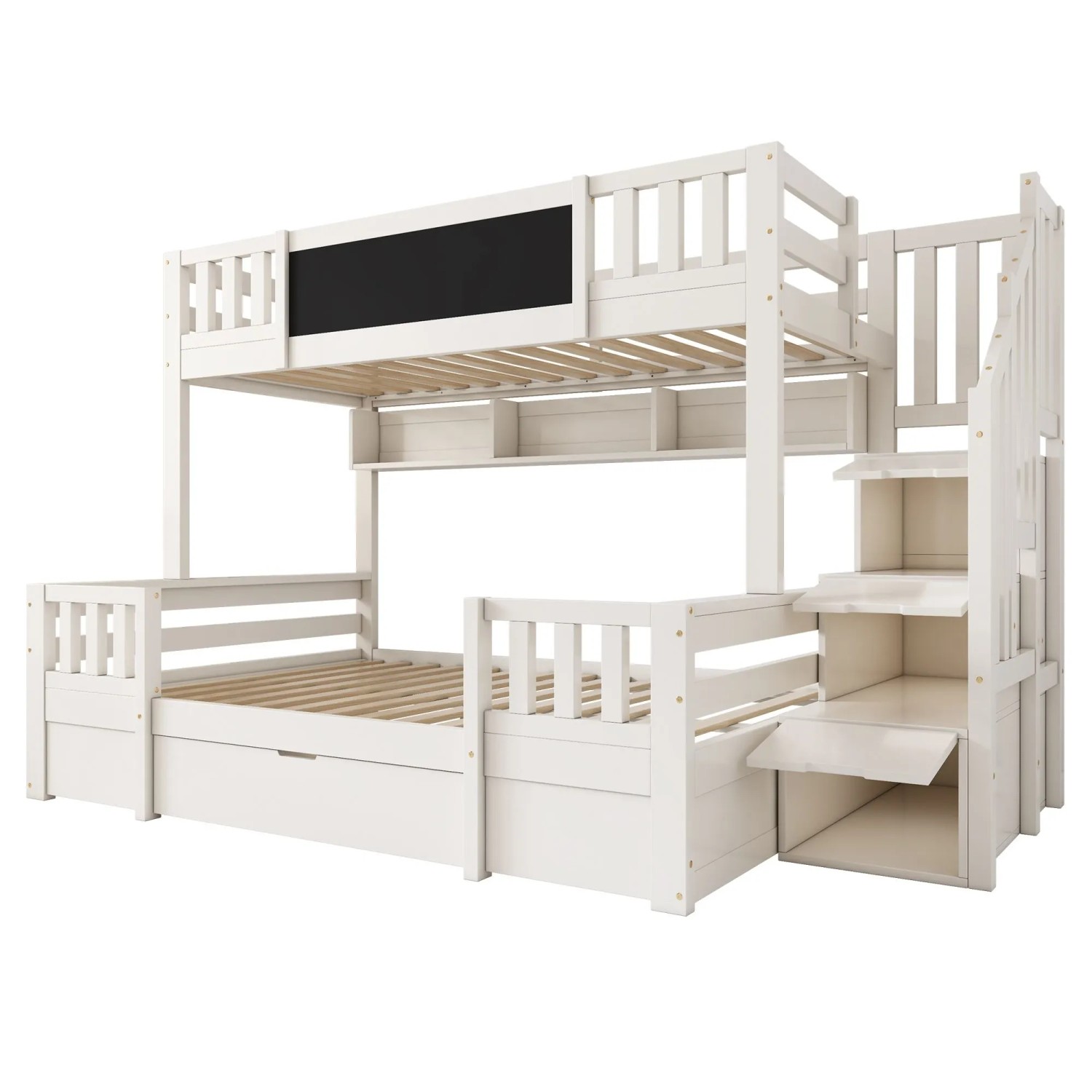 okwish Etagenbett 140x200cm mit Kreidetafel Stautreppe und Schubladen Weiß ohne Matratze