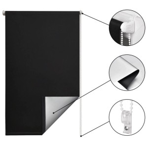 Schwarzes Sol Royal Thermorollo 55x160cm mit silberner Rückseite, Kettenzug und Klemmfix-Befestigung. Ideal als Verdunkelungsrollo.