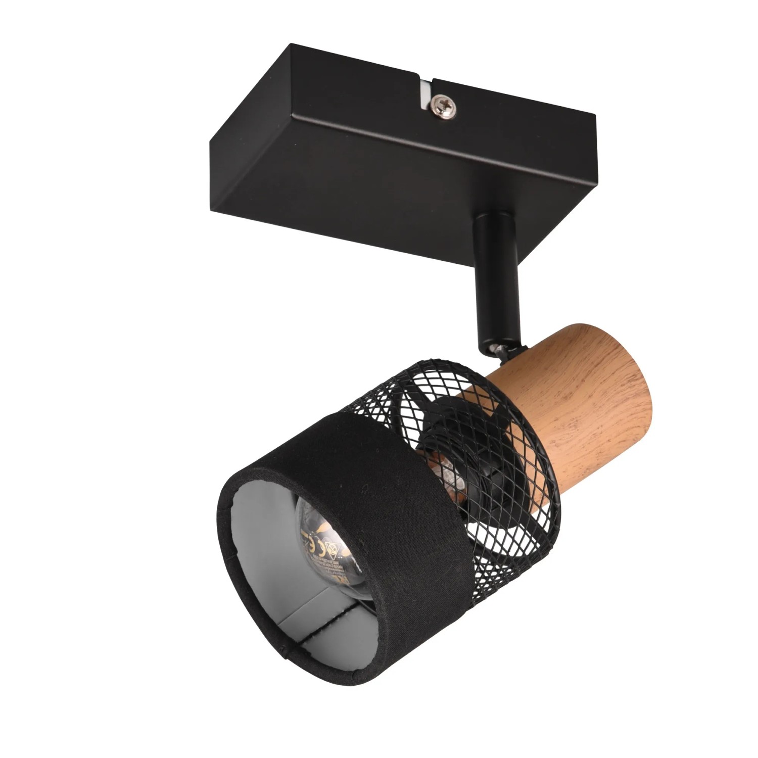Schwenkbarer Trio Spot Nandini, 1-flammig, schwarz matt mit Holz und Textil Schirm.