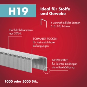 Arrow Klammern H19, 8mm, 5000 Stück, für Hammertacker, ideal für Stoffe, Gewebe und Polsterarbeiten.