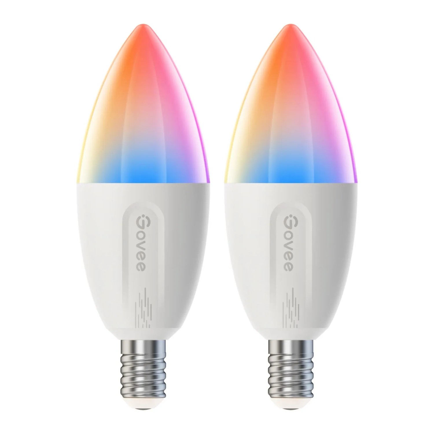 Zwei Govee E14 RGBWW Smart LED Birnen im 2er-Pack, weiß, mit farbigem Licht. Dimmbare smarte Leuchtmittel.
