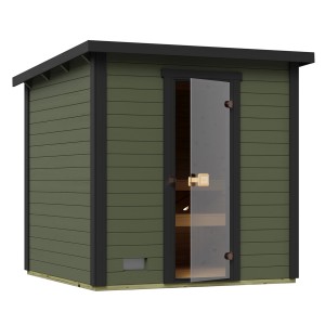 Weka Saunahaus Kaapi 3, graugrün, mit Glastür und Kompakt-Ofen. Ideal für Wellness zu Hause.