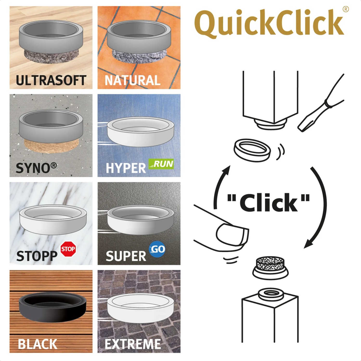 Wagner QuickClick Möbelgleiter Set, 8-tlg., braun, Ø 17mm, verschiedene Varianten für optimalen Oberflächenschutz.