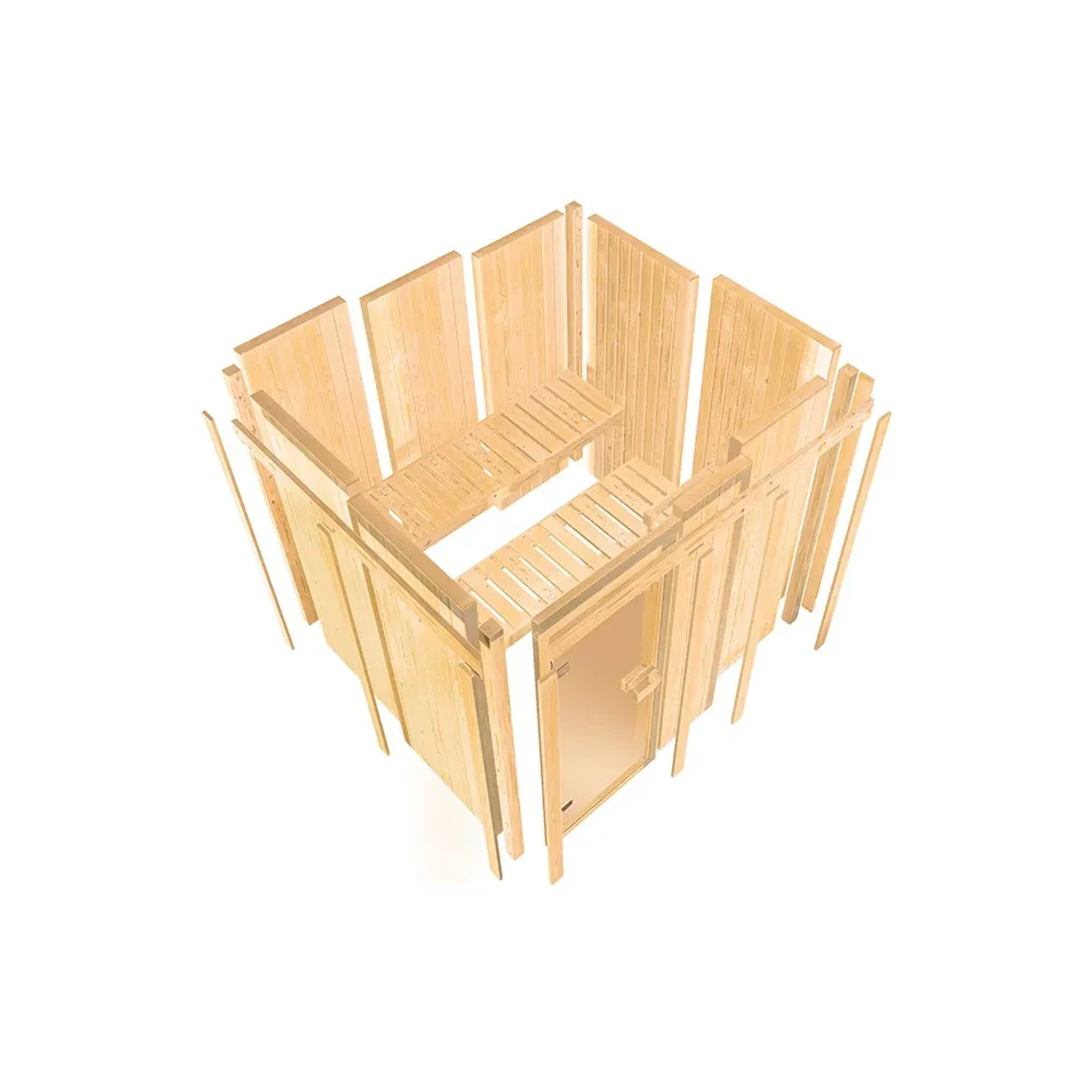Karibu Sauna Vaira 2 mit Ganzglasfront, naturbelassen. Elementsauna mit Saunatür und Liege.