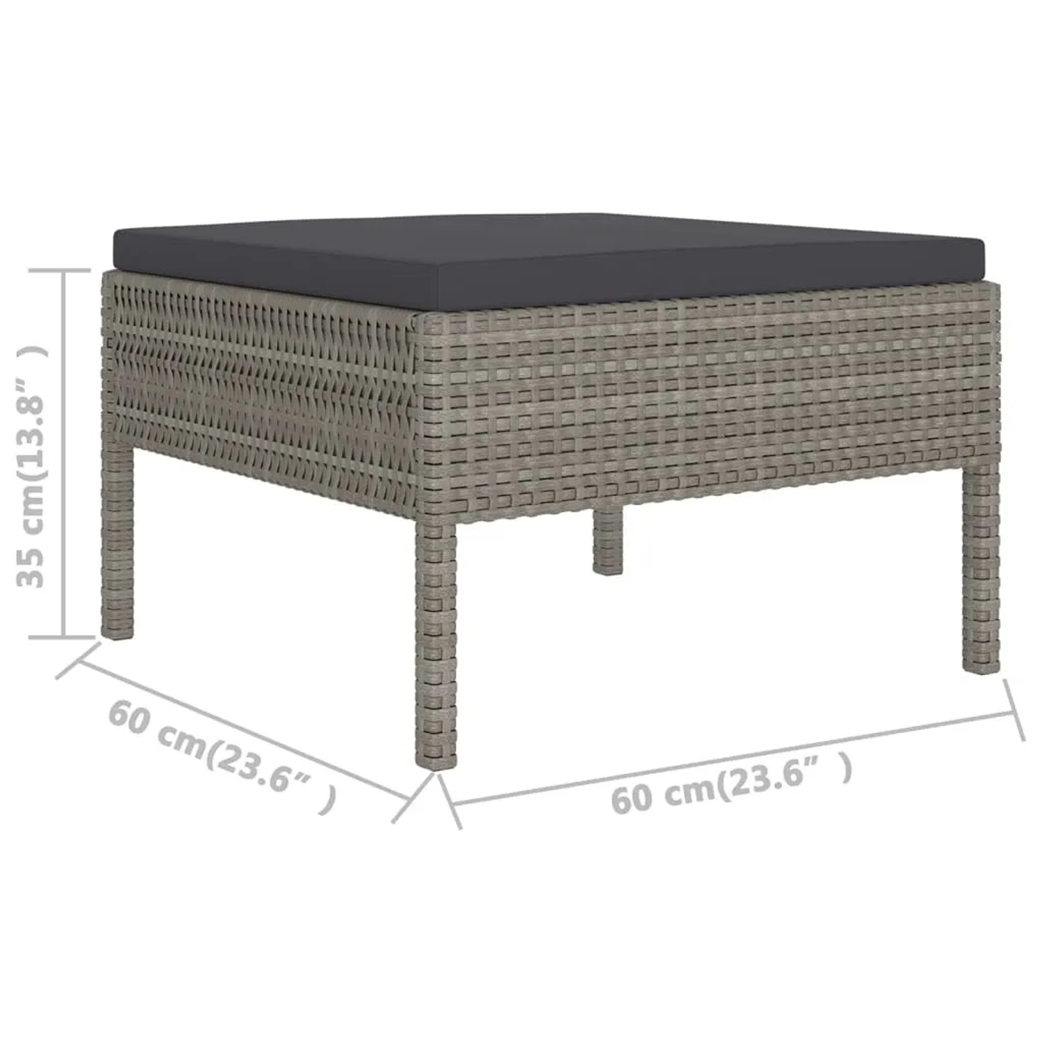 Fußstütze aus grauem Poly Rattan mit anthrazitfarbenem Kissen, Teil des vidaXL Garten-Lounge-Sets.
