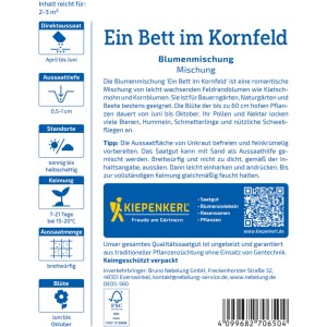 Kiepenkerl Blumenmischung Ein Bett im Kornfeld: Saatgutpackung mit blühenden Sommerblumen.