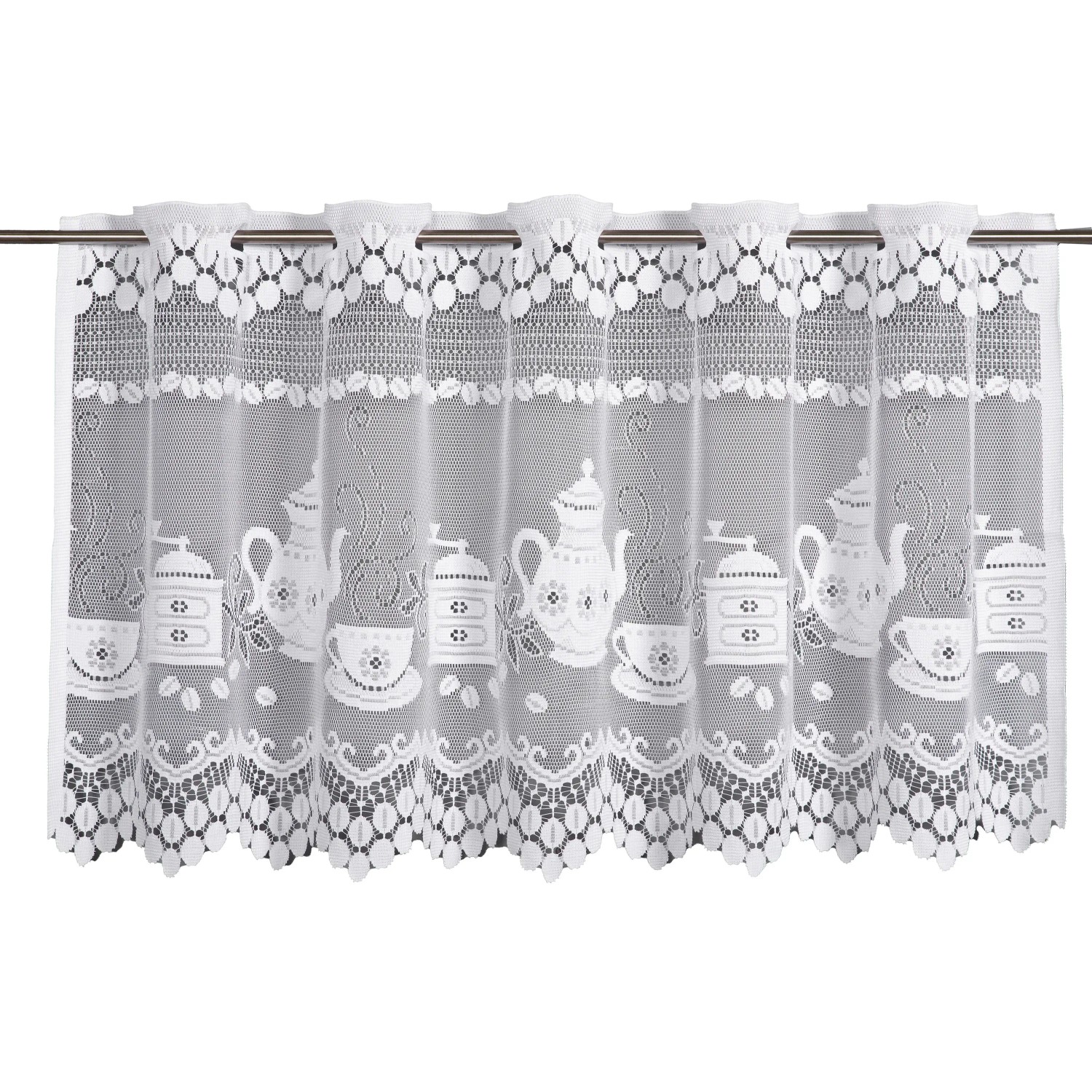 Weiße Sehlbach Bistrogardine mit Kaffeehaus-Motiv, 140x60 cm, für gemütliche Atmosphäre.