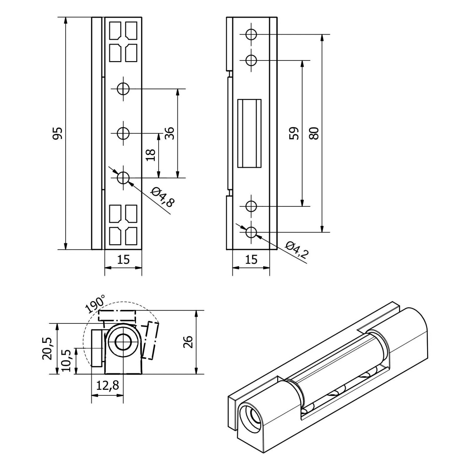 Technische Zeichnung: SOTECH Fensterband 95 mm, Aluminium, weiß, mit Maßangaben.