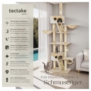 Beige-weißer Tectake Kratzbaum Hansi (243-260cm) mit Sisalstämmen, Katzenhäusern und Liegemulden.