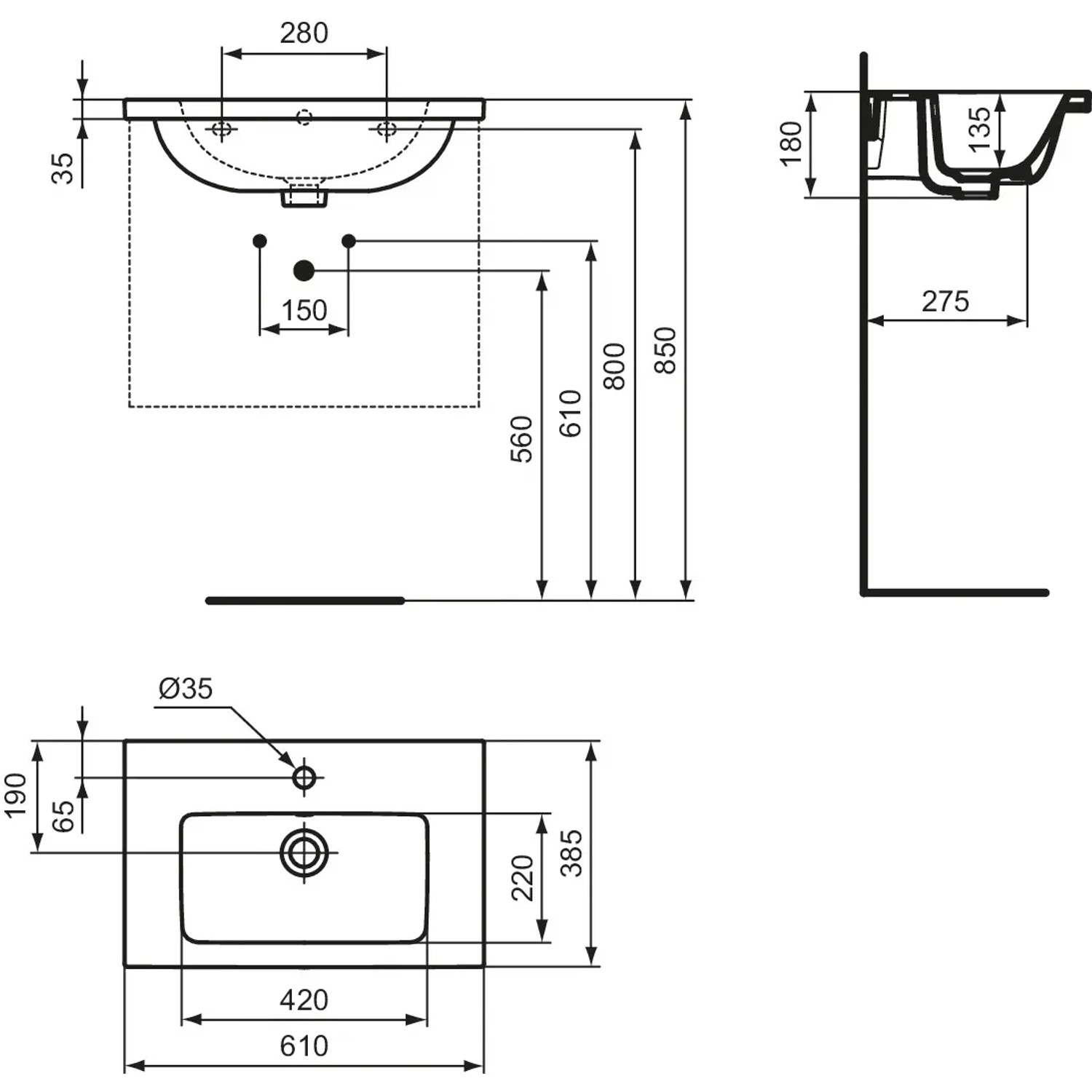 Technische Zeichnung: Ideal Standard i.life S Möbelwaschtisch, 61 cm, Weiß, mit Maßen.