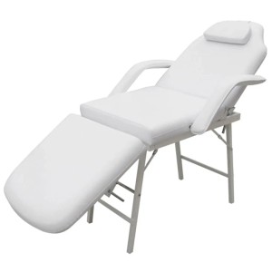 Weißer, tragbarer Kosmetikstuhl/Massageliege mit verstellbarer Rückenlehne und Fußstütze.