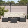 Schwarzes 7-teiliges vidaXL Garten-Sofa-Set aus Polyrattan mit Kissen und Tisch.