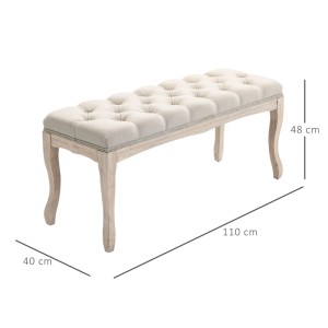 Beige Vintage Sitzbank mit Leinenpolsterung, Knopfheftung und geschwungenen Gummiholzbeinen. Ideal für Schlafzimmer.