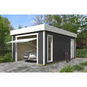 Moderne, carbongraue Lasita Garage Bahamas 2 mit Schwingtor und Auto. Einzelgarage mit Fenster und Tür.
