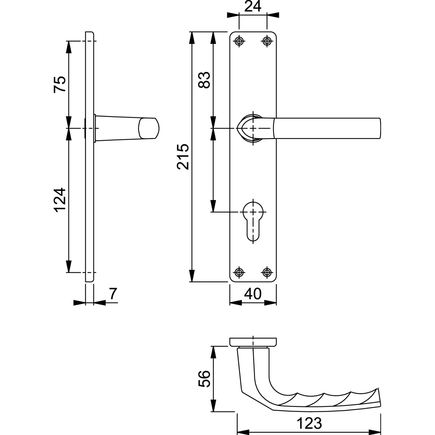 Technische Zeichnung: Hoppe Schild-Garnitur Birmingham Alu Natur mit Zylinder, Maße und Details.